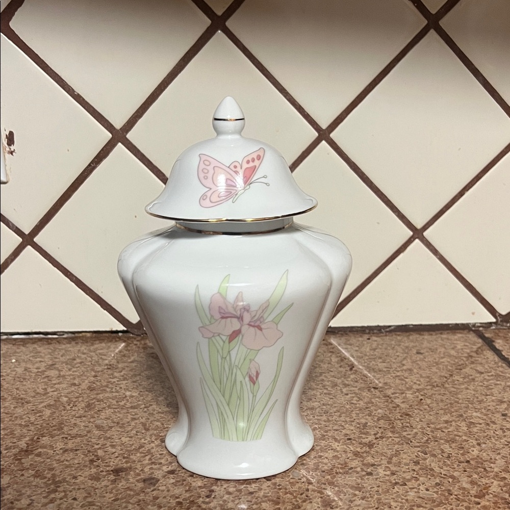 Charming White Vase with Pink Butterfly and Floral Accents